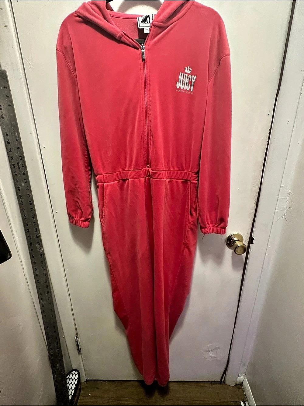 Juicy Couture Pink Velour Hooded One Piece Jumpsuit Romper Y2K Size M